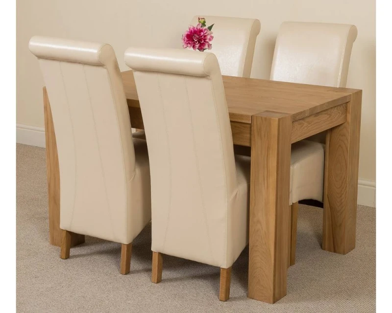 Image of Thats Furniture Kuba 125 x 80cm Chunky Oak Small Dining Table & 4 Montana Leather Chairs in Cream Cream Unisex 125 x 80 cm