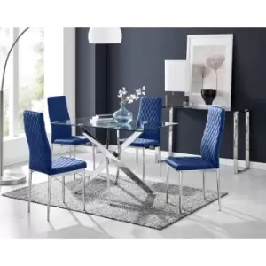 Image of Furniturebox UK - Furniturebox Leonardo 4 Chrome Leg Glass Dining Table and 4 Navy Milan Velvet Dining Chairs Diamond Stitch Modern Contemporary