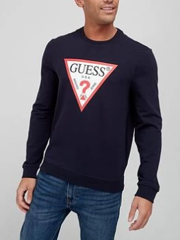 Image of Guess Large Logo Crew Neck Sweat - Navy Size M Men