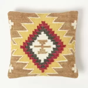 Image of HOMESCAPES Jaipur Handwoven Brown and Orange Kilim Cushion with Feather Filling - Multi Colour
