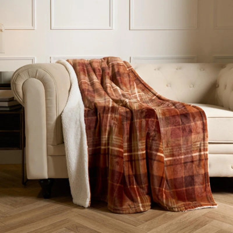 Image of OHS OHS Flannel Check Sherpa Fleece Soft Warm Throw in Burnt Orange Size: 130cm x 160cm Burnt Orange 130cm x 160cm Unisex 5027434192304