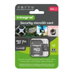 Image of Integral Micro SD SDXC Security Memory Card For Dash Cams & CCTV 4K V30 A1 UHS-1 U3 Class 10 64GB