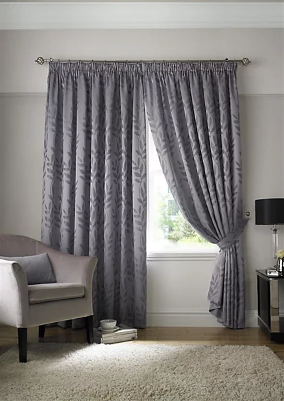 Image of ALAN SYMONDS Tivoli, Silver Lined Curtains, Trailing Leave Floral Jacquard Design, Ready Made Pencil Pleat Curtain Pairs, 66' x 72' 12401034