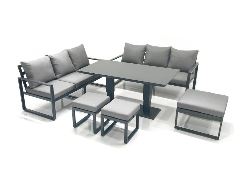 Image of Fimous 9 Seater Aluminium Outdoor Garden Furniture Set with Adjustable Rising Lifting Dining Table 3 Seater Sofa 3 Footstools Dark Grey Dark Grey Unis