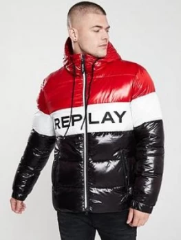 Image of Replay Colour Block Padded Jacket - Red/White/Black, Red/White/Black, Size XL, Men