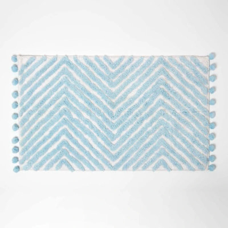 Image of Homescapes Bath Mat Tufted Zig Zag 100% Cotton with Pom Pom Edges Blue