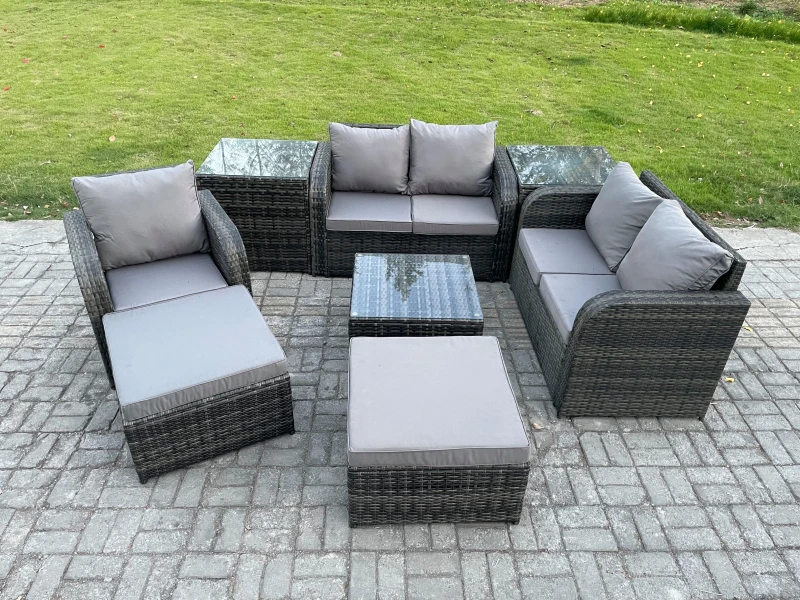 Image of Fimous PE Rattan Garden Furniture Sets Outdoor Love Sofa Chair Set Square Coffee Table 2 Side Tables 2 Big Footstool Dark Grey