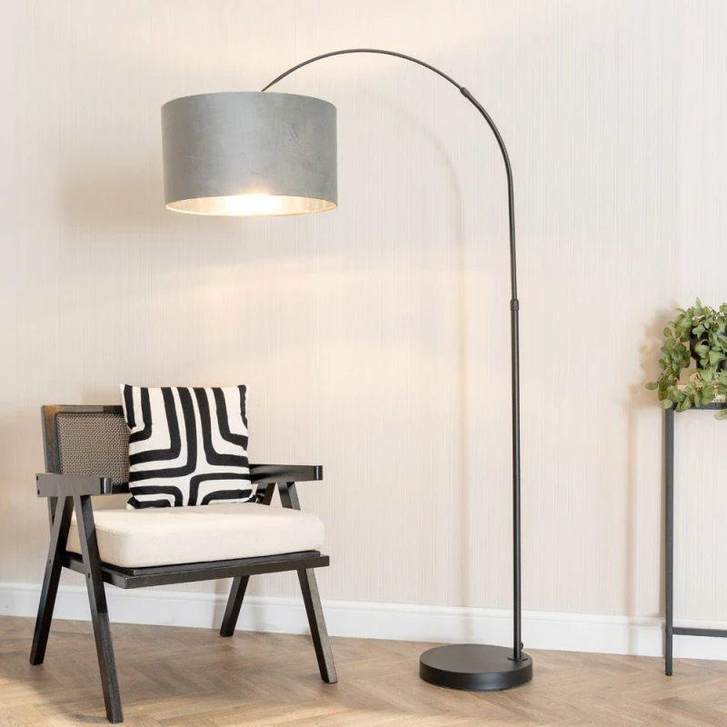 Image of ValueLights ValueLights Louis Black Arched Floor Lamp with Grey Velvet and Chrome Inner Shade and Bulb Grey One Size Unisex 5059406061219