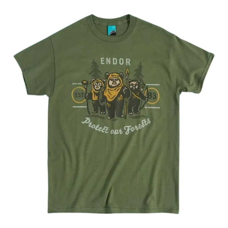 Image of Star Wars Mens Ewok Endor Protect Our Forests T-Shirt in Green Size: 2XL Green Male 2XL