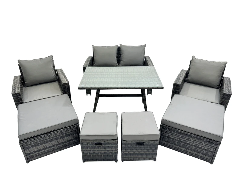 Image of Fimous 8 Seater Outdoor Dining Table Double Seat Sofa 4 Stools Set in Dark Grey Dark Grey Unisex