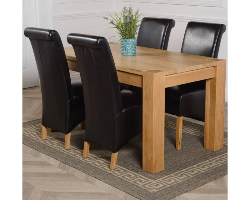 Image of Thats Furniture Kuba 150 x 85cm Chunky Medium Oak Dining Table & 4 Montana Leather Chairs in Black Size: 150 x 85cm Black Unisex 150 x 85 cm