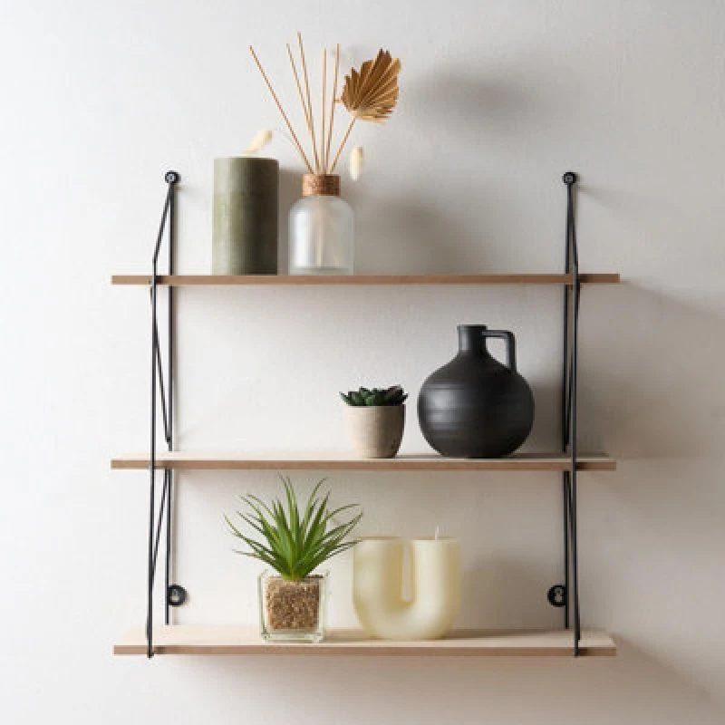 Image of OHS OHS 3 Tier Wooden Shelving Wall Display Wire Modern Organiser Home Storage Office in Natural Natural One Size Unisex 5027434198498