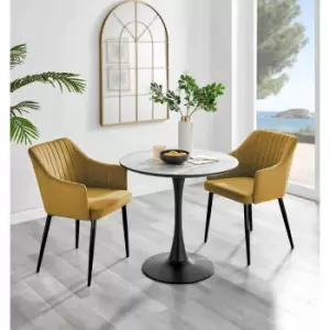 Image of Furniture Box Elina White Marble Effect Round Dining Table and 2 Mustard Calla Black Leg Chairs