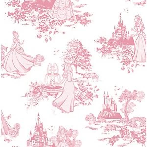 Image of DIsney Princess Toile Pink/Cream Decorative Wallpaper - 10m