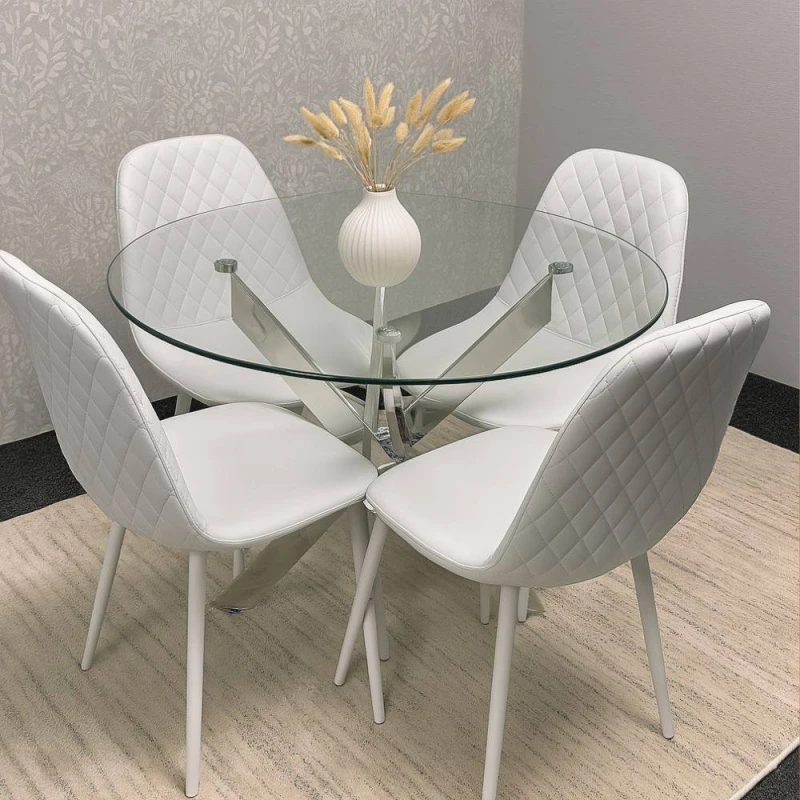 Image of Kosy Koala Round Glass Dining Table With 4 White Leather Chairs Dinning Furniture Modern Set, Multi MAYARND+4WHGEM