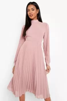 Image of Pleated High Neck Midi Skater Dress