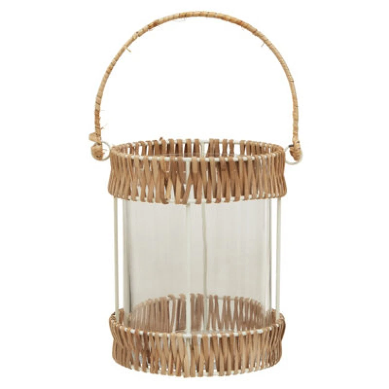 Image of Orsina Natural Rattan Small Lantern, Rustic And Stylish Glass Lantern, White Metal And Clear Glass Candle Lantern