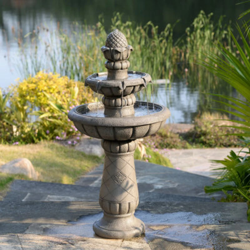 Image of Teamson Home Two-Tier Tradtional Birdbath Outdoor Garden Fountain, Light Grey