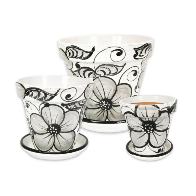 Image of Verano Spanish Ceramics Grey Flowers Hand Painted Set of 3 Classic Pots & Drainage Plates (D) 16-29cm Grey