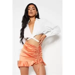 Image of I Saw It First Satin Ruffle Ruched Mini Skirt - Orange