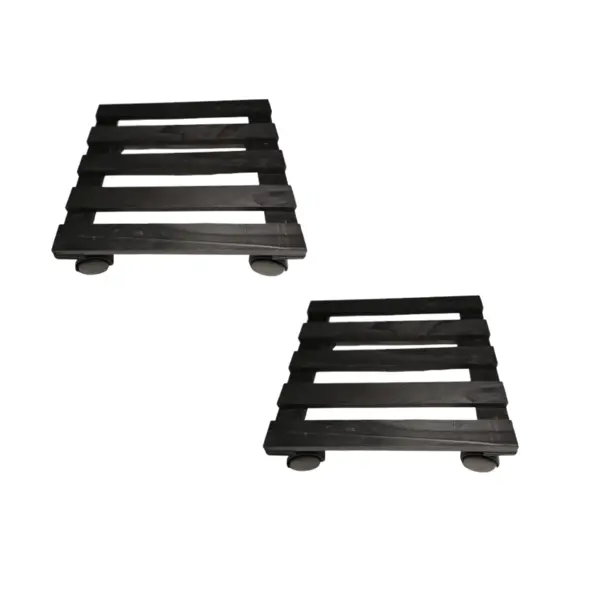 Image of Pack of 2 35cm Black Square Wooden Garden Plant Pot Flower Trolley Stand On Wheels