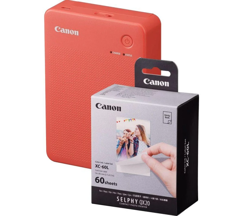 Image of Canon SELPHY QX20 Portable Colour Photo Wireless Printer & XC-60L 54 x 85mm Photo Paper & Ink Set - Terracotta Red, 60 Sheets, Red 5055189045682