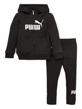 Image of Puma Girls Essentials Zip-through Hoodie and Legging Set - Black, Size 5-6 Years, Women