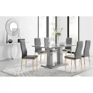 Image of Furniture Box Imperia 6 Grey Dining Table and 6 Grey Velvet Milan Gold Leg Chairs