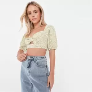 Image of Missguided Petite Puff Slv Cut Out Crop Top Floral - Yellow