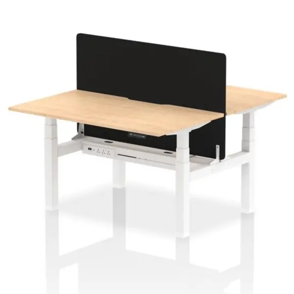 Image of Air Air Back-to-Back 1400 x 800mm Height Adjustable 2 Person Bench Desk Maple Top with Scalloped Edge White Frame with Black Straight Screen HASSE2P1