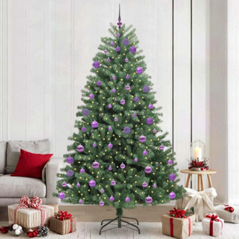 Image of vidaXL Artificial Hinged Christmas Tree with Lilac Balls Green 240cm PVC and Metal, Green 3395511