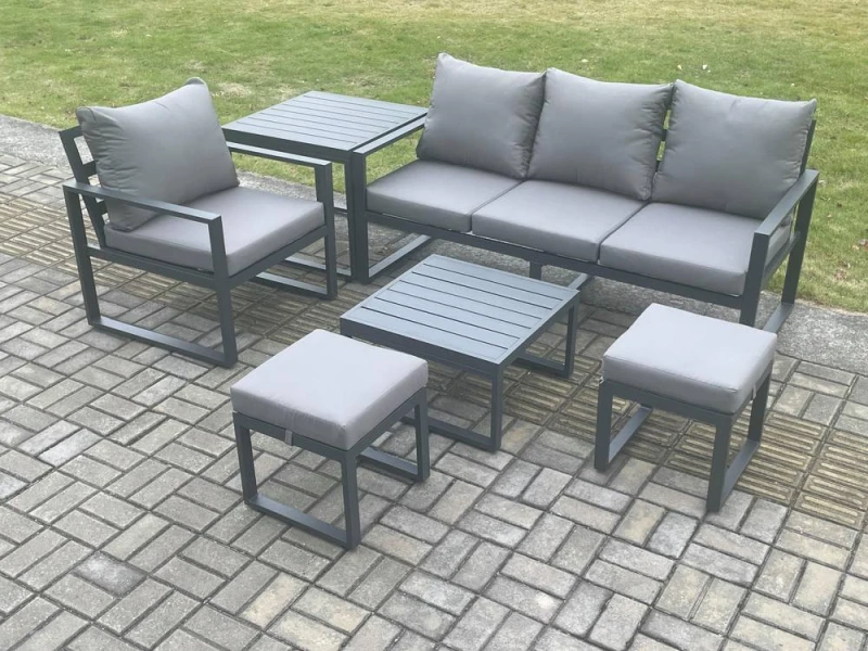 Image of Fimous Aluminium Outdoor Garden Furniture Set Patio Lounge Sofa Chair Set with Coffee Table Side Table 2 Small Footstools Conservatory Set Dark Grey U