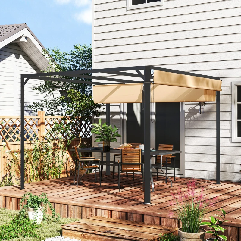Image of Outsunny 3 x 3(m) Pergola with Retractable Roof & Roller Shade, Khaki, Cream 84C-584V00KK