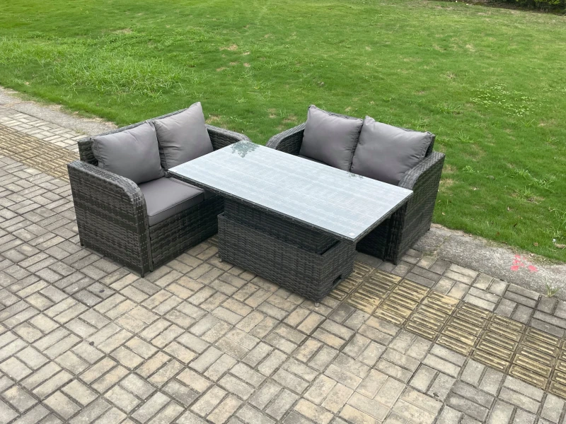 Image of Fimous Outdoor Rattan Furniture Garden Dining Set Height Adjustable Rising lifting Table With Love Sofa Dark Grey Mixed Dark Grey
