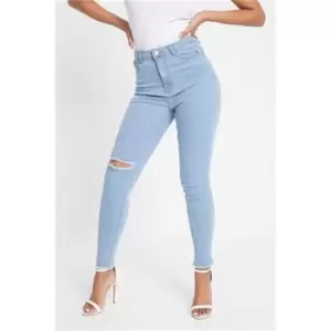 Image of I Saw It First Light Wash Stretch Knee Rip 5 Pocket Skinny Jeans - Blue