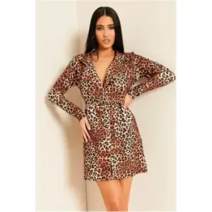 Image of I Saw It First Brown Leopard Print Blazer Dress With Self Covered Belt - Brown