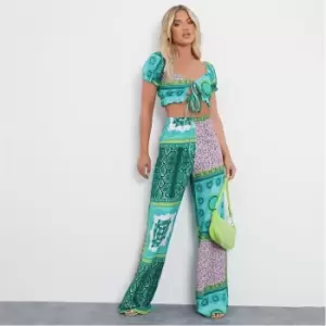 Image of I Saw It First Scarf Print Wide Leg Trousers - Green