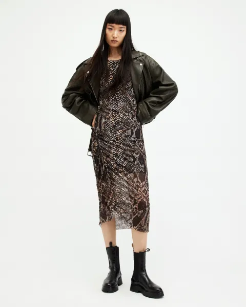 Image of AllSaints Nora Waima Long Sleeve Ruched Midi Dress