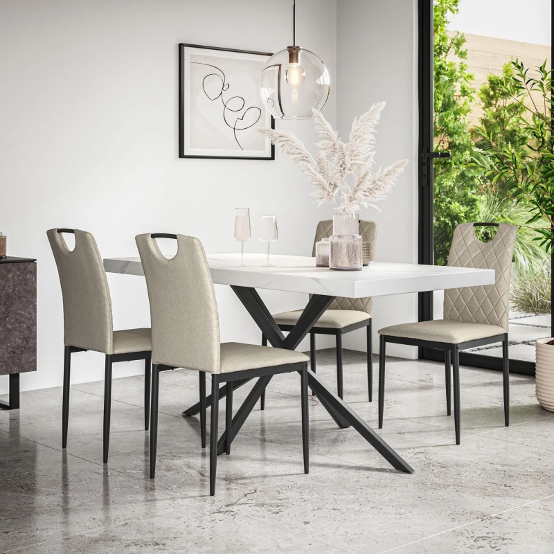 Image of More4Homes Donni Dining Table And Chairs - White Marble Effect Table Top W Black Legs + Monza Linen Dining Chair Set Of 6 (Beige)