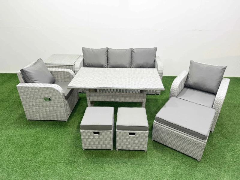 Image of Fimous PE Rattan Garden Furniture Set Reclining Chair Sofa Lounge Sofa Set Rectangular Dining Table Side Table 3 Stools Light Grey Light Grey