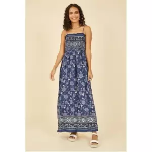 Image of Mela London Navy Floral Print Shirred Maxi Dress - Blue