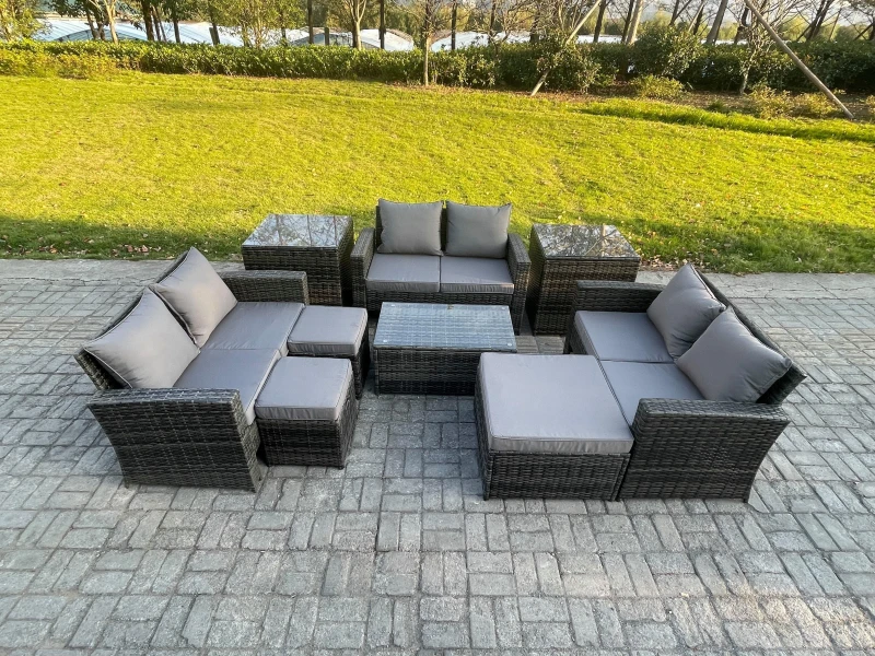 Image of Fimous 9pc Rattan Sofa Garden Furniture Outdoor Patio Set with 2 Side Tables 3 Footstools Love Seat Sofa Dark Grey Mixed Dark Grey Unisex