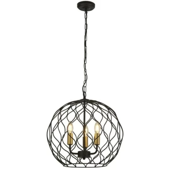 Image of Searchlight FINESSE - 3 Light Round Cage Ceiling Pendant - Black with Gold Lampholders