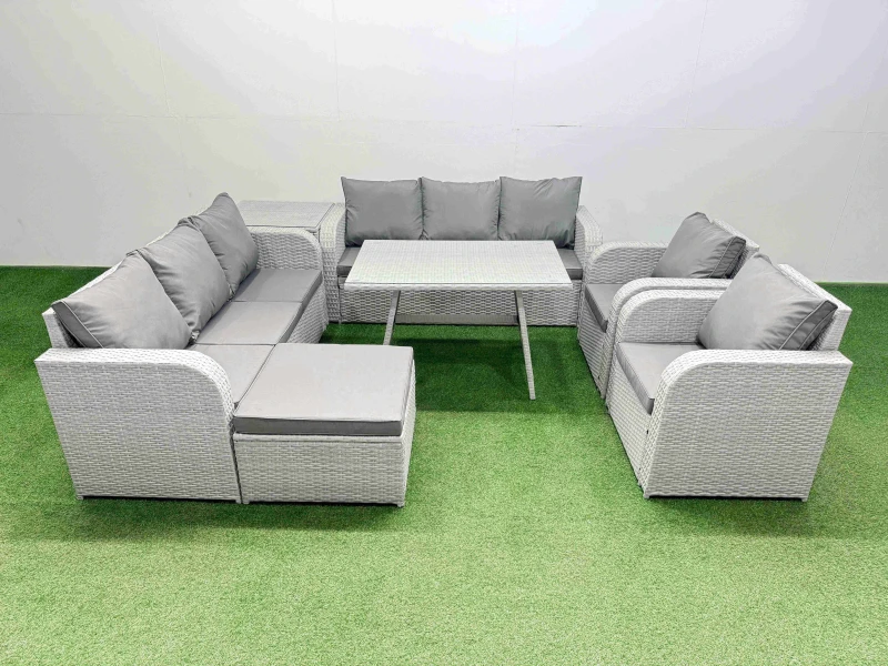 Image of Fimous Rattan High Back Lounge Sofa Set Patio Dining Table & Chairs Set With Side Table Big Stool Light Grey