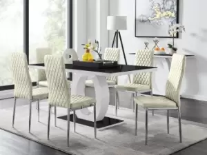 Image of Giovani Rectangular 6 Seat White High Gloss Unique Halo Dining Table Black Glass Top 6 Soft Velvet Silver Leg Milan Chairs