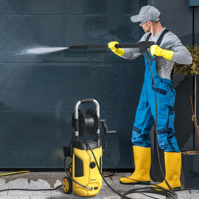 Image of Outsunny 1800W Power Washer 150 Bar Pressure 6M Hose and Hose Reel, Yellow, Yellow 84H-376V70YL