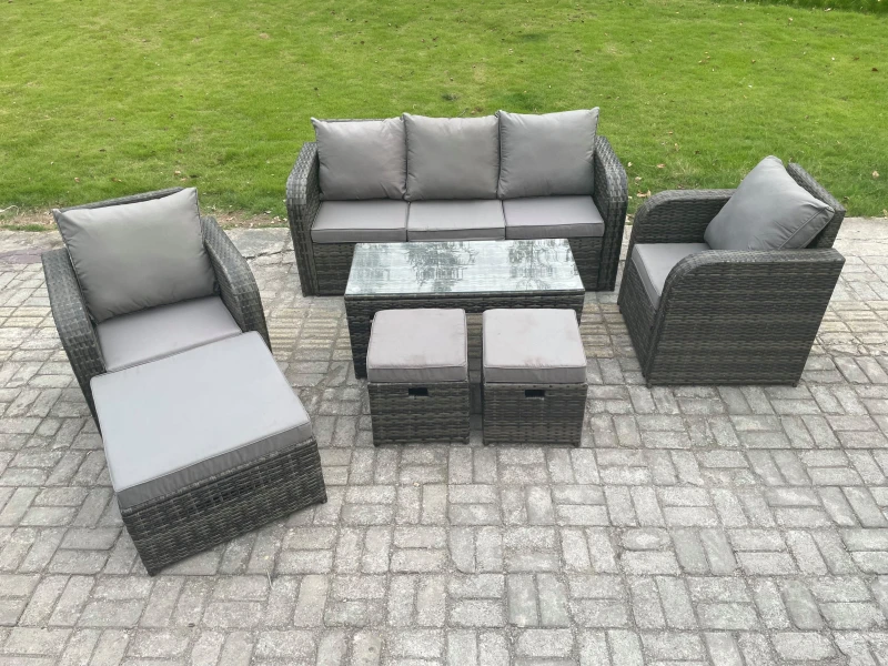 Image of Fimous 8 Seater Rattan Garden Furniture Set with Rectangular Coffee Table 3 Footstools Patio Outdoor Rattan Set Dark Grey