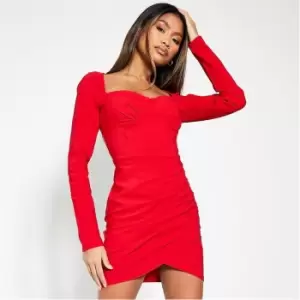 Image of I Saw It First Bengaline Corset Waist Ruched Long Sleeve Bodycon Dress - Brown