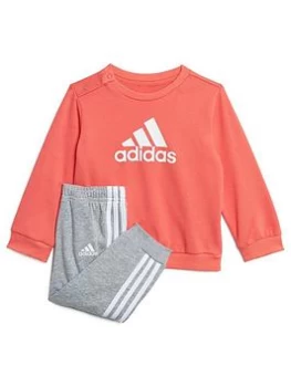 Image of Boys, adidas Infants Badge Of Sport Crew & Pant Set, Pink/Grey, Size 2-3 Years