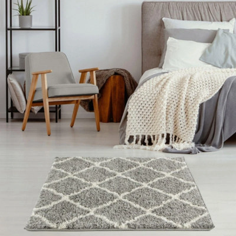 Image of THE RUGS Soft Moroccan Shaggy Rugs & Runners Grey & Ivory Living Room Size: 120cm x 120cm Grey Unisex 120cm x 120 cm